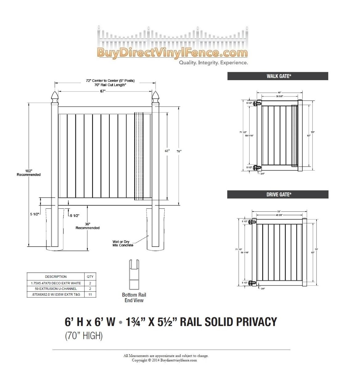 6 ft Tall Vinyl Privacy Fence with Heavy Duty Rails